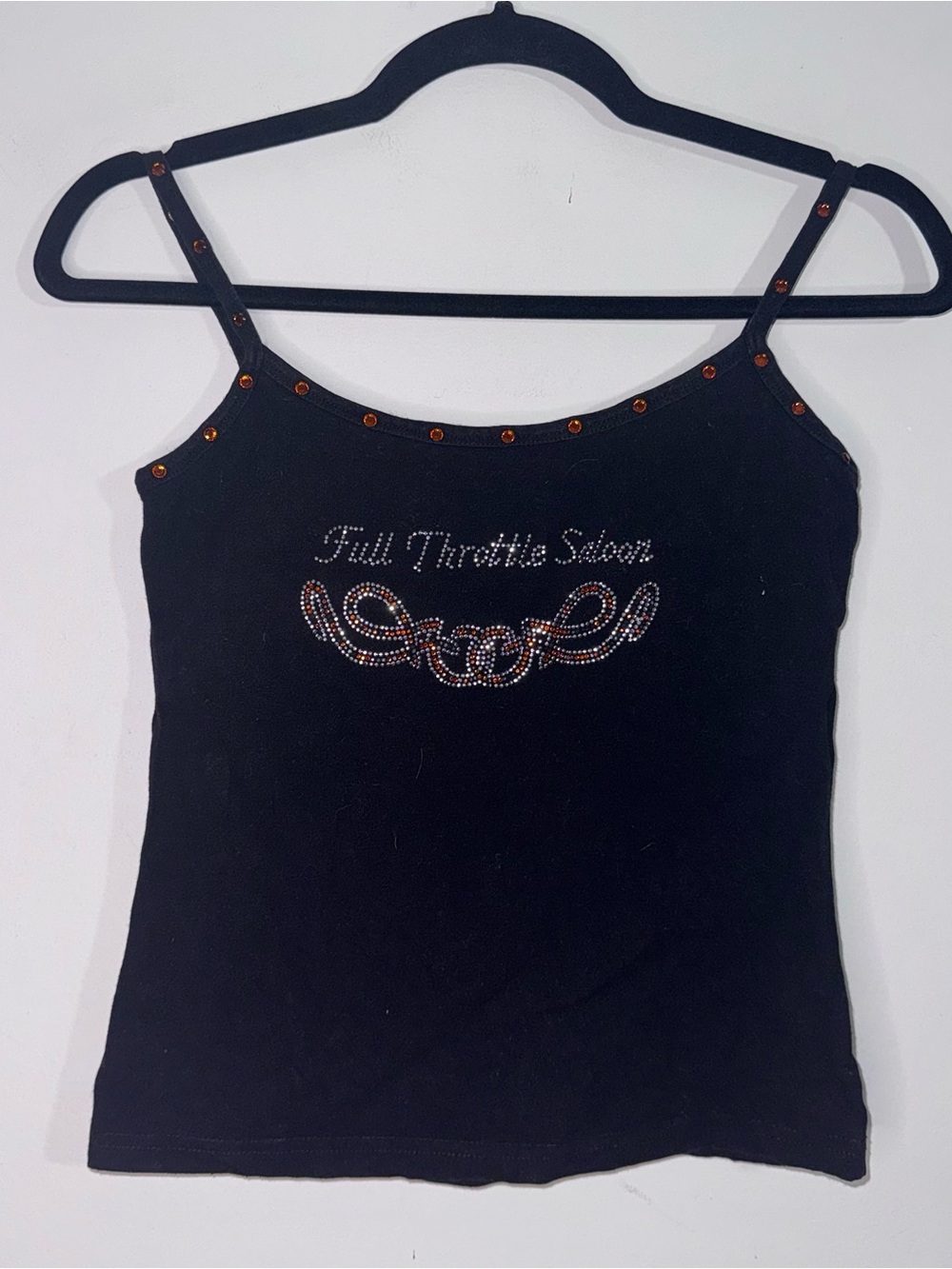 Twin Motorcycle Apparel Full Throttle Saloon Rhinestone Cami Tank Top Black XS